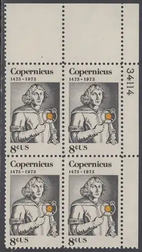 USA Michel 1095 / Scott 1488 postfrisch PLATEBLOCK ECKRAND oben rechts m/ Platten-# 34114 (a) - Nikolaus Kopernikus (1473-1543), deutscher Astronom