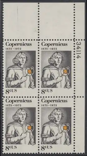 USA Michel 1095 / Scott 1488 postfrisch PLATEBLOCK ECKRAND oben rechts m/ Platten-# 34114 (b) - Nikolaus Kopernikus (1473-1543), deutscher Astronom