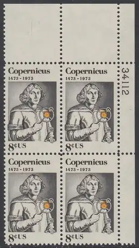 USA Michel 1095 / Scott 1488 postfrisch PLATEBLOCK ECKRAND oben rechts m/ Platten-# 34112 - Nikolaus Kopernikus (1473-1543), deutscher Astronom