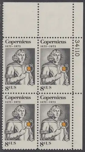 USA Michel 1095 / Scott 1488 postfrisch PLATEBLOCK ECKRAND oben rechts m/ Platten-# 34110 - Nikolaus Kopernikus (1473-1543), deutscher Astronom