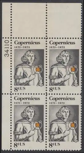 USA Michel 1095 / Scott 1488 postfrisch PLATEBLOCK ECKRAND oben links m/ Platten-# 34110 - Nikolaus Kopernikus (1473-1543), deutscher Astronom