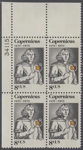 USA Michel 1095 / Scott 1488 postfrisch PLATEBLOCK ECKRAND oben links m/ Platten-# 34115 - Nikolaus Kopernikus (1473-1543), deutscher Astronom