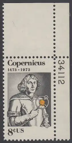USA Michel 1095 / Scott 1488 postfrisch EINZELMARKE ECKRAND oben rechts m/ Platten-# 34114 - Nikolaus Kopernikus (1473-1543), deutscher Astronom