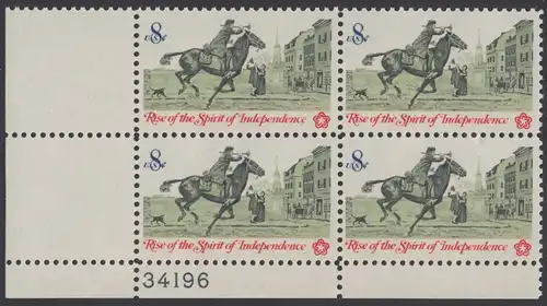 USA Michel 1107 / Scott 1478 postfrisch PLATEBLOCK ECKRAND unten links m/ Platten-# 34196 - 200 Jahre Unabhängigkeit der Vereinigten Staaten von Amerika (1976): Nachrichtenwesen zur Kolonialzeit; Postreiter