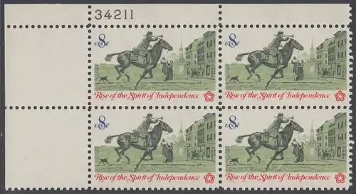 USA Michel 1107 / Scott 1478 postfrisch PLATEBLOCK ECKRAND oben links m/ Platten-# 34211 - 200 Jahre Unabhängigkeit der Vereinigten Staaten von Amerika (1976): Nachrichtenwesen zur Kolonialzeit; Postreiter
