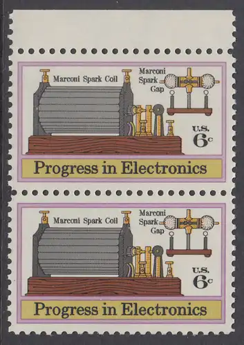 USA Michel 1113 / Scott 1500 postfrisch horiz.PAAR RAND oben - Fortschritte in der Elektronik: Funkeninduktor von Guglielmo Marconi, erste transatlantische Funkverbindung (1901)