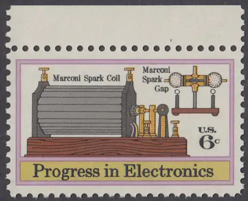 USA Michel 1113 / Scott 1500 postfrisch EINZELMARKE RAND oben - Fortschritte in der Elektronik: Funkeninduktor von Guglielmo Marconi, erste transatlantische Funkverbindung (1901)