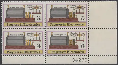 USA Michel 1113 / Scott 1500 postfrisch PLATEBLOCK ECKRAND unten rechts m/ Platten-# 34270 - Fortschritte in der Elektronik: Funkeninduktor von Guglielmo Marconi, erste transatlantische Funkverbindung (1901)