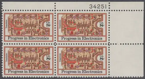 USA Michel 1114 / Scott 1501 postfrisch PLATEBLOCK ECKRAND oben rechts m/ Platten-# 34251 - Fortschritte in der Elektronik: Transistoren, bedruckte Schalttafel 