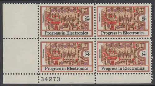 USA Michel 1114 / Scott 1501 postfrisch PLATEBLOCK ECKRAND unten links m/ Platten-# 34273 - Fortschritte in der Elektronik: Transistoren, bedruckte Schalttafel 