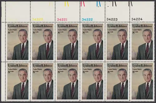 USA Michel 1118 / Scott 1503 postfrisch horiz.PLATEBLOCK(12) ECKRAND oben links m/ Platten-# 34219 - Tod von Lyndon Baines Johnson; 36. Präsident