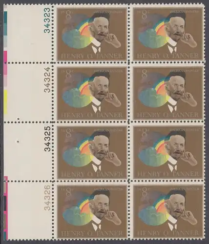 USA Michel 1119 / Scott 1486 postfrisch vert.BLOCK(8) RÄNDER links m/ Platten-# 34326 - Amerikanische Künstler: Henry Ossawa Tanner; Maler