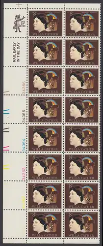 USA Michel 1120 / Scott 1487 postfrisch vert.PLATEBLOCK(16) ECKRAND unten links m/ Platten-# 34361 - Amerikanische Künstler: Willa Sibert Cather, Romanschriftstellerin