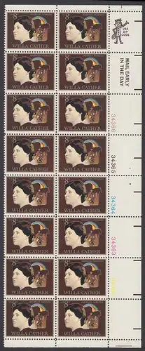 USA Michel 1120 / Scott 1487 postfrisch vert.PLATEBLOCK(16) ECKRAND unten rechts m/ Platten-# 34361 - Amerikanische Künstler: Willa Sibert Cather, Romanschriftstellerin