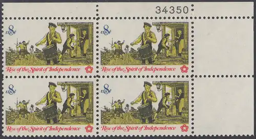 USA Michel 1121 / Scott 1479 postfrisch PLATEBLOCK ECKRAND oben rechts m/ Platten-# 34350 - 200 Jahre Unabhängigkeit der Vereinigten Staaten von Amerika (1976): Nachrichtenwesen zur Kolonialzeit; Trommler