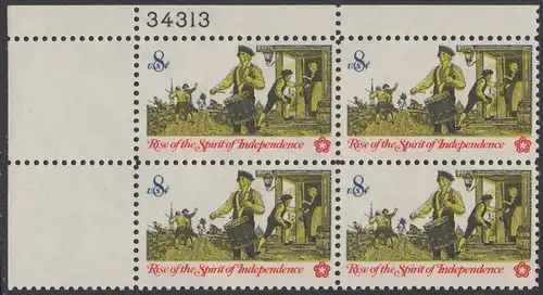 USA Michel 1121 / Scott 1479 postfrisch PLATEBLOCK ECKRAND oben links m/ Platten-# 34313 (a) - 200 Jahre Unabhängigkeit der Vereinigten Staaten von Amerika (1976): Nachrichtenwesen zur Kolonialzeit; Trommler