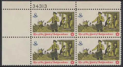 USA Michel 1121 / Scott 1479 postfrisch PLATEBLOCK ECKRAND oben links m/ Platten-# 34313 (b) - 200 Jahre Unabhängigkeit der Vereinigten Staaten von Amerika (1976): Nachrichtenwesen zur Kolonialzeit; Trommler