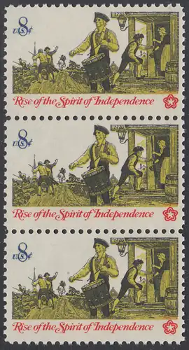 USA Michel 1121 / Scott 1479 postfrisch vert.STRIP(3) - 200 Jahre Unabhängigkeit der Vereinigten Staaten von Amerika (1976): Nachrichtenwesen zur Kolonialzeit; Trommler