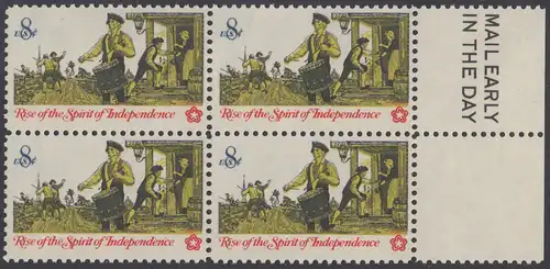 USA Michel 1121 / Scott 1479 postfrisch BLOCK RÄNDER rechts m/ Mail Early-Vermerk - 200 Jahre Unabhängigkeit der Vereinigten Staaten von Amerika (1976): Nachrichtenwesen zur Kolonialzeit; Trommler