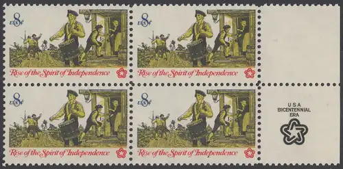 USA Michel 1121 / Scott 1479 postfrisch BLOCK RÄNDER rechts m/ Tab-Aufdruck - 200 Jahre Unabhängigkeit der Vereinigten Staaten von Amerika (1976): Nachrichtenwesen zur Kolonialzeit; Trommler