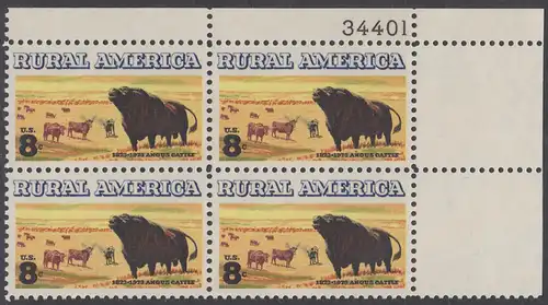 USA Michel 1122 / Scott 1504 postfrisch PLATEBLOCK ECKRAND oben rechts m/ Platten-# 34401 - Ländliches Amerika: Schottisches Angus- und Langhornvieh