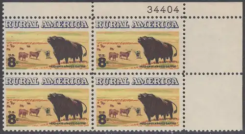 USA Michel 1122 / Scott 1504 postfrisch PLATEBLOCK ECKRAND oben rechts m/ Platten-# 34404 - Ländliches Amerika: Schottisches Angus- und Langhornvieh