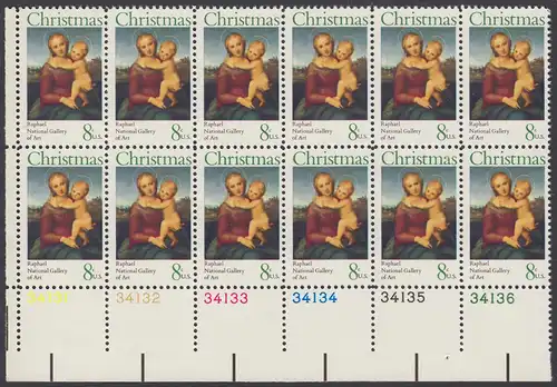 USA Michel 1123 / Scott 1507 postfrisch horiz.PLATEBLOCK(12) ECKRAND unten links m/ Platten-# 34131 - Weihnachten; Kleine Cowper-Madonna