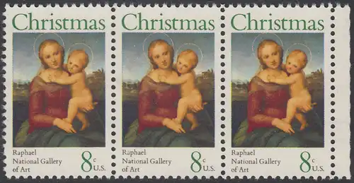 USA Michel 1123 / Scott 1507 postfrisch horiz.STRIP(3) RAND rechts - Weihnachten; Kleine Cowper-Madonna