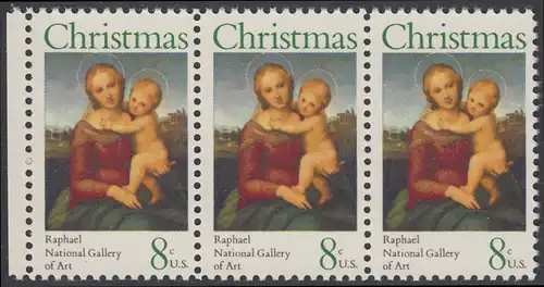 USA Michel 1123 / Scott 1507 postfrisch horiz.STRIP(3) RAND links - Weihnachten; Kleine Cowper-Madonna