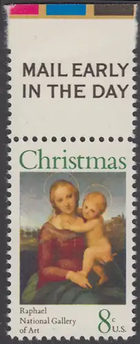 USA Michel 1123 / Scott 1507 postfrisch EINZELMARKE RAND oben m/ Mail Early-Vermerk - Weihnachten; Kleine Cowper-Madonna