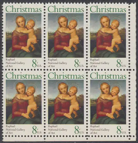 USA Michel 1123 / Scott 1507 postfrisch horiz.BLOCK(6) ECKRAND unten rechts - Weihnachten; Kleine Cowper-Madonna
