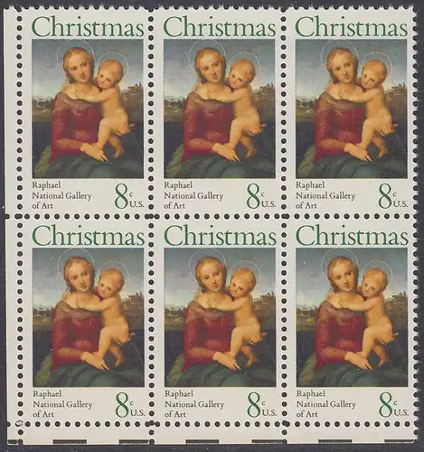 USA Michel 1123 / Scott 1507 postfrisch horiz.BLOCK(6) ECKRAND unten links - Weihnachten; Kleine Cowper-Madonna