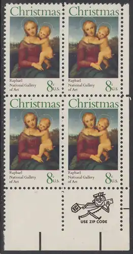 USA Michel 1123 / Scott 1507 postfrisch ZIP-BLOCK (lr) - Weihnachten; Kleine Cowper-Madonna