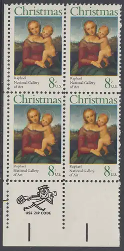USA Michel 1123 / Scott 1507 postfrisch ZIP-BLOCK (ll) - Weihnachten; Kleine Cowper-Madonna