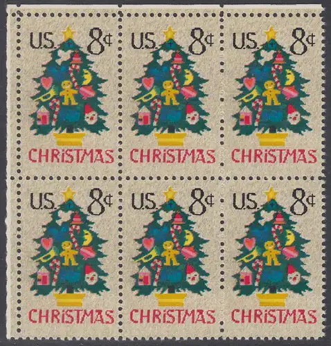 USA Michel 1124 / Scott 1508 postfrisch horiz.BLOCK(6) ECKRAND oben links - Weihnachten; Weihnachtsbaum, Handstickerei