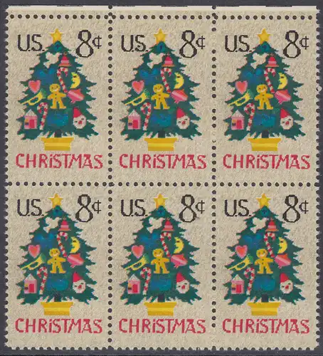 USA Michel 1124 / Scott 1508 postfrisch horiz.BLOCK(6) RÄNDER oben - Weihnachten; Weihnachtsbaum, Handstickerei
