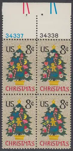 USA Michel 1124 / Scott 1508 postfrisch BLOCK RÄNDER oben m/ Platten-# 34337 - Weihnachten; Weihnachtsbaum, Handstickerei