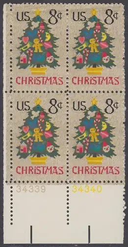 USA Michel 1124 / Scott 1508 postfrisch BLOCK ECKRAND unten links m/ Platten-# 34339 - Weihnachten; Weihnachtsbaum, Handstickerei