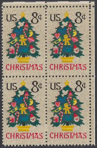 USA Michel 1124 / Scott 1508 postfrisch BLOCK ECKRAND oben rechts - Weihnachten; Weihnachtsbaum, Handstickerei