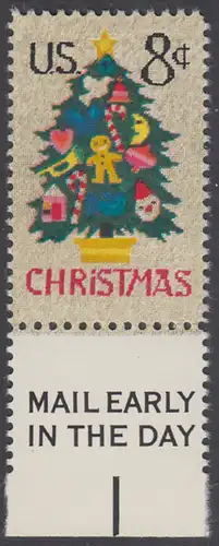 USA Michel 1124 / Scott 1508 postfrisch EINZELMARKE RAND unten m/ Mail Early-Vermerk - Weihnachten; Weihnachtsbaum, Handstickerei