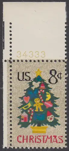 USA Michel 1124 / Scott 1508 postfrisch EINZELMARKE ECKRAND oben links m/ Platten-# 34333 - Weihnachten; Weihnachtsbaum, Handstickerei