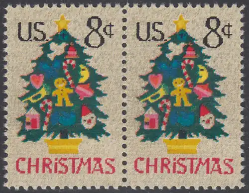 USA Michel 1124 / Scott 1508 postfrisch horiz.PAAR - Weihnachten; Weihnachtsbaum, Handstickerei