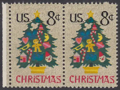 USA Michel 1124 / Scott 1508 postfrisch horiz.PAAR RAND links - Weihnachten; Weihnachtsbaum, Handstickerei