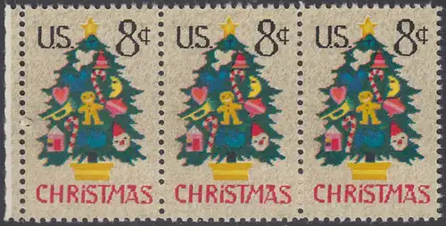 USA Michel 1124 / Scott 1508 postfrisch horiz.STRIP(3) RAND links - Weihnachten; Weihnachtsbaum, Handstickerei