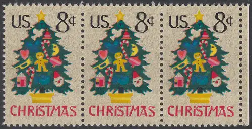 USA Michel 1124 / Scott 1508 postfrisch horiz.STRIP(3) RAND rechts - Weihnachten; Weihnachtsbaum, Handstickerei