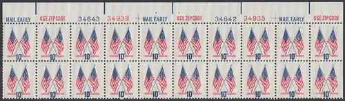 USA Michel 1126 / Scott 1509 postfrisch horiz.PLATEBLOCK(20) RÄNDER oben - US-Flaggen mit 50 und 13 Sternen