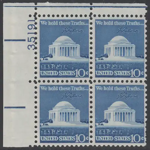 USA Michel 1127 / Scott 1510 postfrisch PLATEBLOCK ECKRAND oben links m/ Platten-# 35191 (b) - Jefferson-Denkmal, Washington, DC