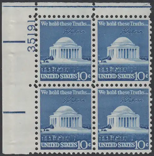 USA Michel 1127 / Scott 1510 postfrisch PLATEBLOCK ECKRAND oben links m/ Platten-# 35191 (c) - Jefferson-Denkmal, Washington, DC