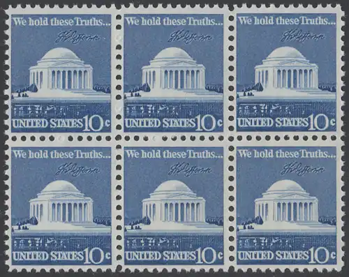 USA Michel 1127 / Scott 1510 postfrisch horiz.BLOCK(6) - Jefferson-Denkmal, Washington, DC