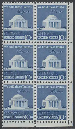 USA Michel 1127 / Scott 1510 postfrisch vert.BLOCK(6) ECKRAND unten rechts - Jefferson-Denkmal, Washington, DC